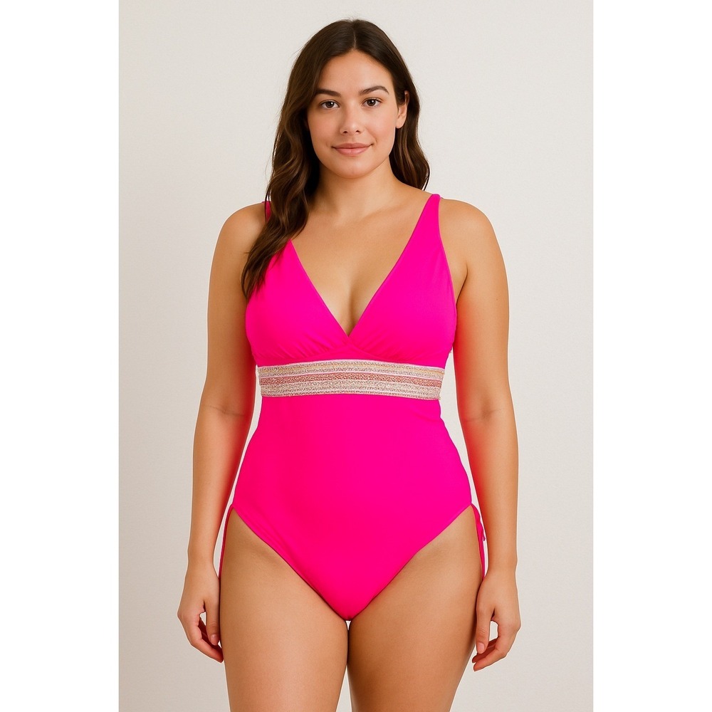 Womens Swimsuit Size‎ M Hot Pink One Piece Ruched Strappy Knit Barbiecore Y2K